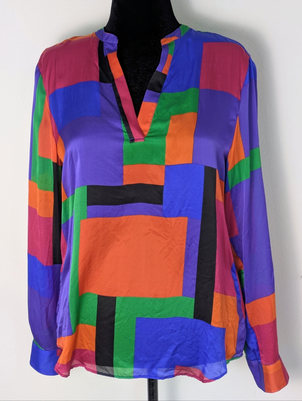 Lauren Ralph Lauren Silk Colorblock Blouse L  Vibrant Geometric Print Luxury EUC